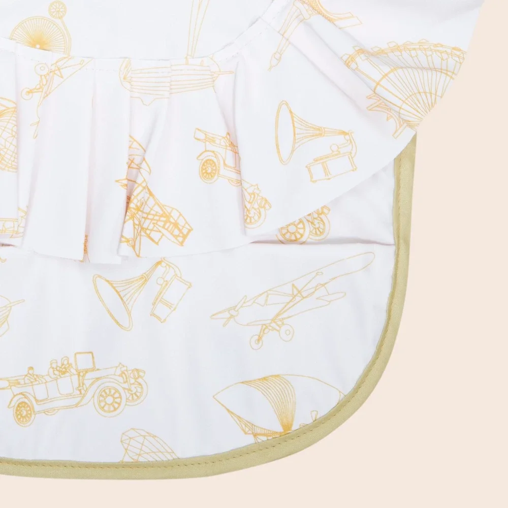 Vintage Transport Print Ruffled Baby Bib Waterproof Crumb Catcher Yellow White